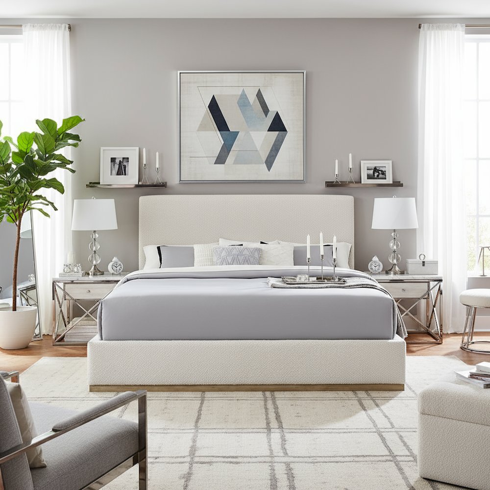 Beige King Size Upholstered Bed Frame, Elegant Upholstered Bed Frame King