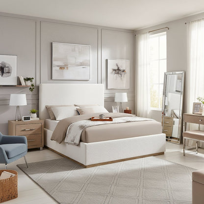 Beige Upholstered Queen Size Bed Frame with Headboard Platform Bed