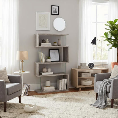 Gray Modern Geometric 4 Tier Bookshelf with Glass Panel Shelves