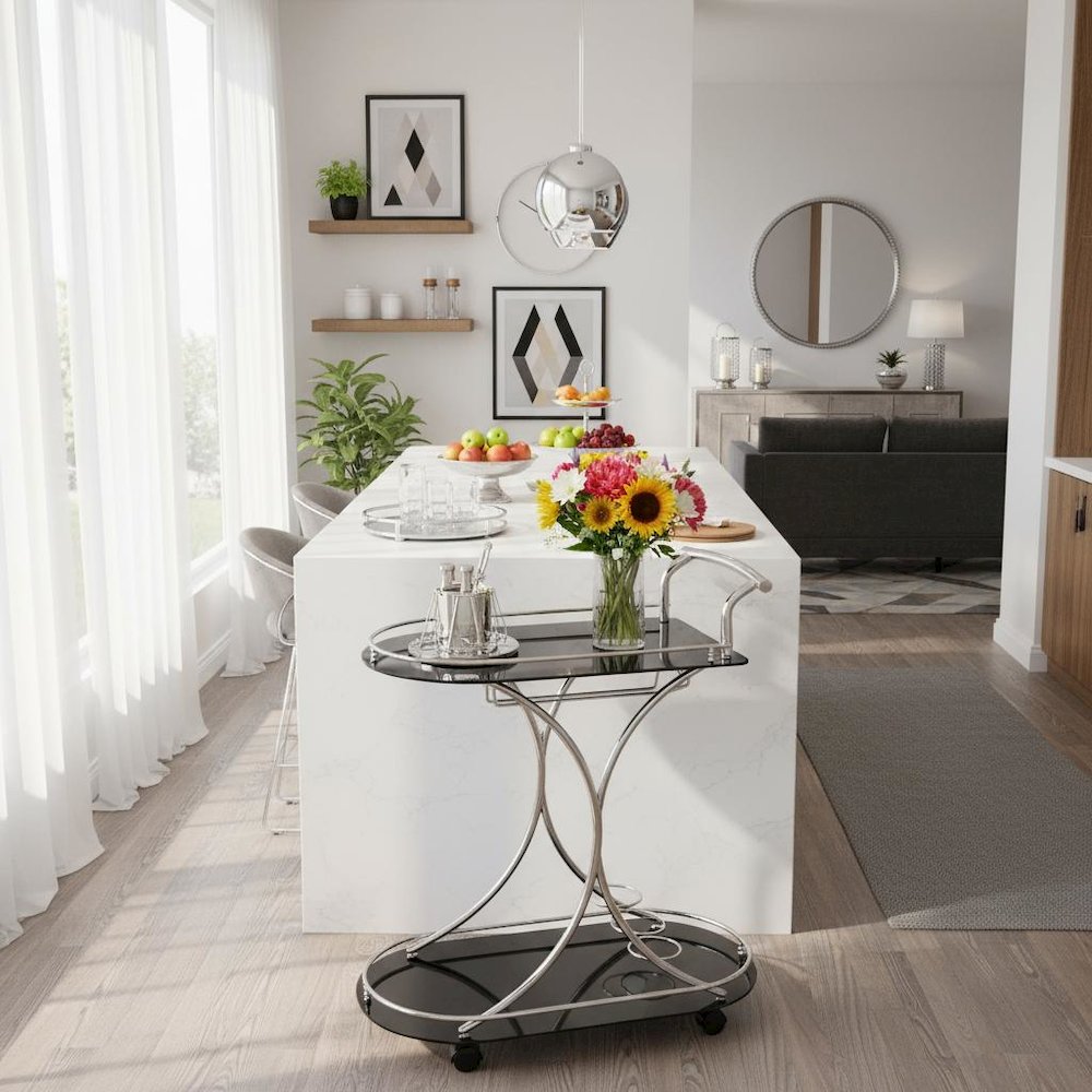 Contemporary Bar Cart, Black Glass, Chrome Metal, Wine & Stemware Storage
