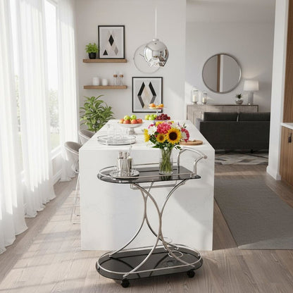 Contemporary Bar Cart, Black Glass, Chrome Metal, Wine & Stemware Storage
