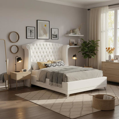 Upholstered Eastern King Wingback Bed White