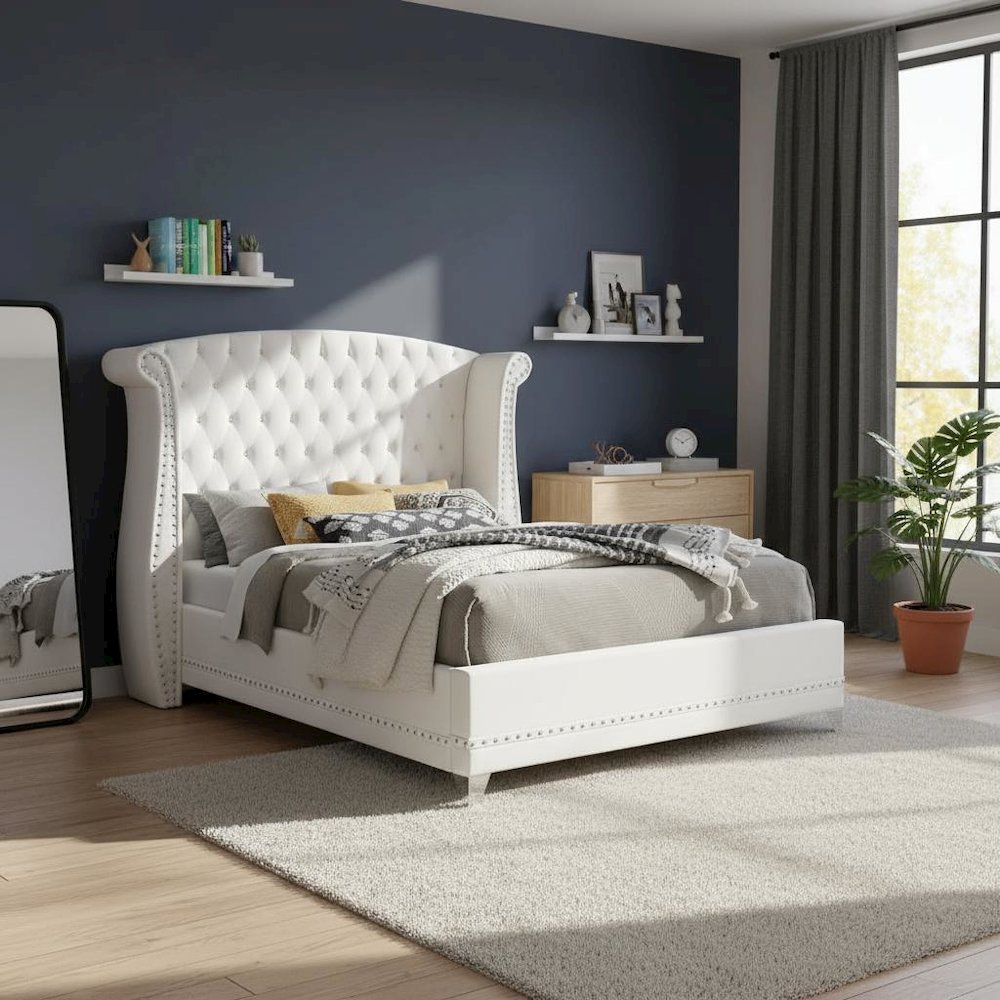 Upholstered Eastern King Wingback Bed White