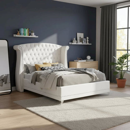 Upholstered Eastern King Wingback Bed White