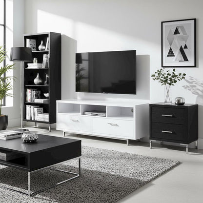 Modern White TV Stand 60 Inch, Engineered Wood, Two Drawers, Chrome Metal Base.
