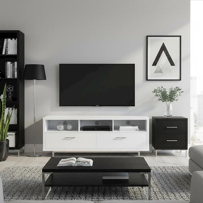 Modern White TV Stand 60 Inch, Engineered Wood, Two Drawers, Chrome Metal Base.