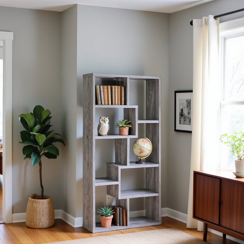 Gray Geometric Bookshelf with 6 Tiers, Modern Book Shelve for Living Room