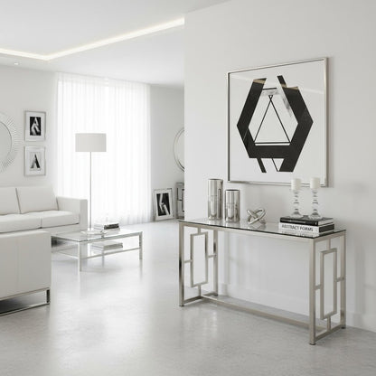 Glass Top Console Table, Nickel Metal Base, Contemporary Style, Tempered Glass