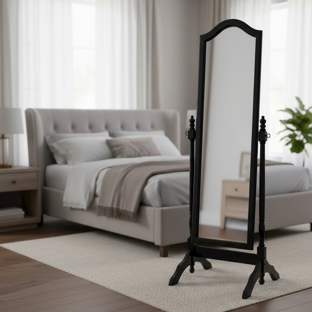 Traditional Full Length Cheval Mirror, Black Wood Frame, Arched Top