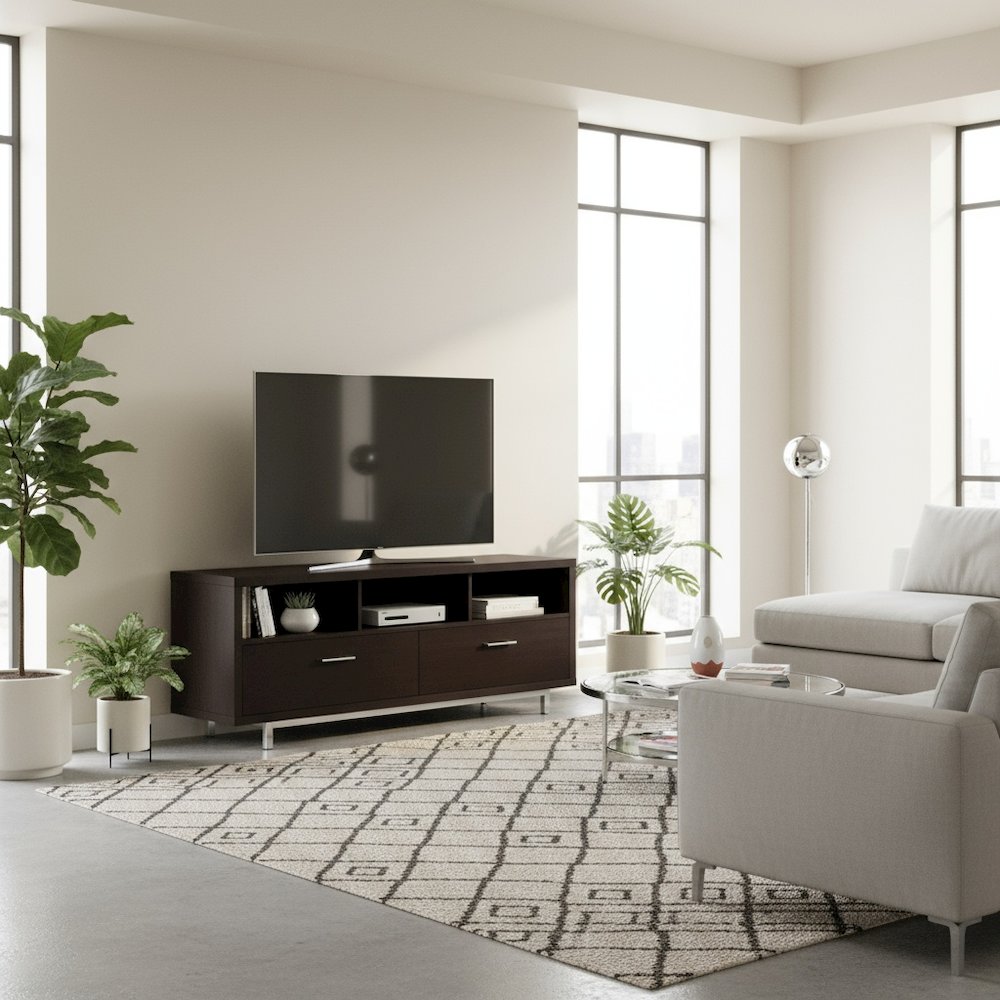 Modern Cappuccino TV Stand 60 Inch, Engineered Wood, 2-Drawer, Chrome Metal Base