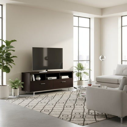 Modern Cappuccino TV Stand 60 Inch, Engineered Wood, 2-Drawer, Chrome Metal Base