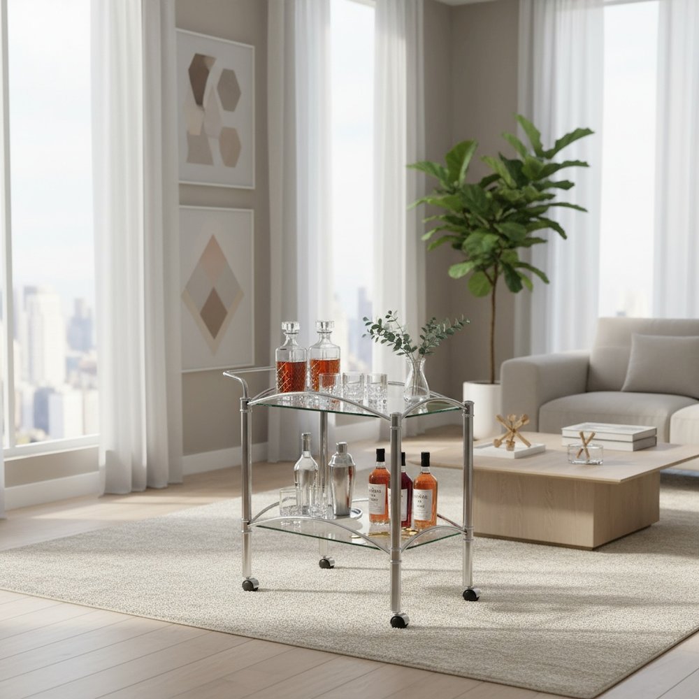 Classic Bar Cart, Chrome, Mirrored Shelf, 2 Tiers, Lockable Casters