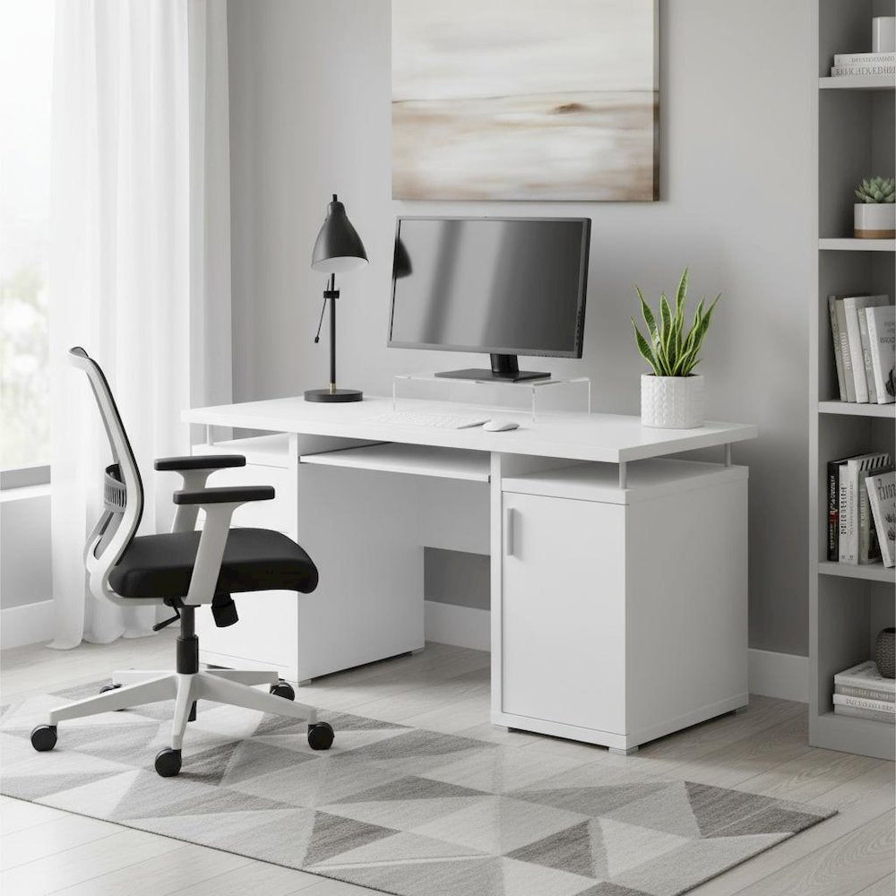 Modern White Office Desk 55-Inch, 2 Drawers, Keyboard Tray, File Cabinet