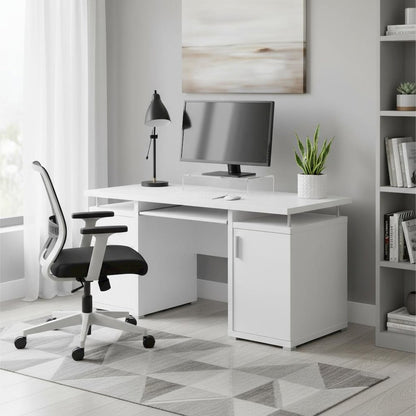 Modern White Office Desk 55-Inch, 2 Drawers, Keyboard Tray, File Cabinet