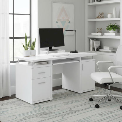 Modern White Office Desk 55-Inch, 2 Drawers, Keyboard Tray, File Cabinet