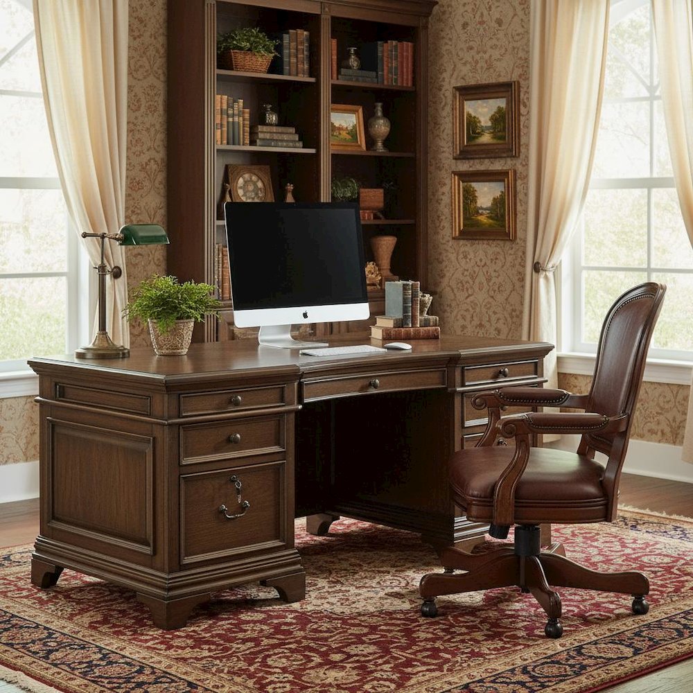 Executive Desk 72-Inch, Burnished Oak, 7 Drawers, File Cabinets, Home Office