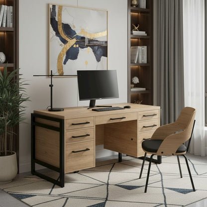 Wood Laminate Office Desk, 7 Drawers, 2 Locking File, Brown