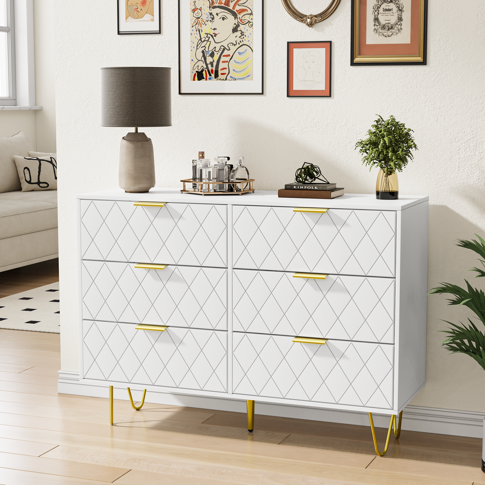 Modern white 6 Drawers for Bedroom, Small Size Wooden drawers with Gold Handles,  Chest Dresser with Deep Drawers for living room