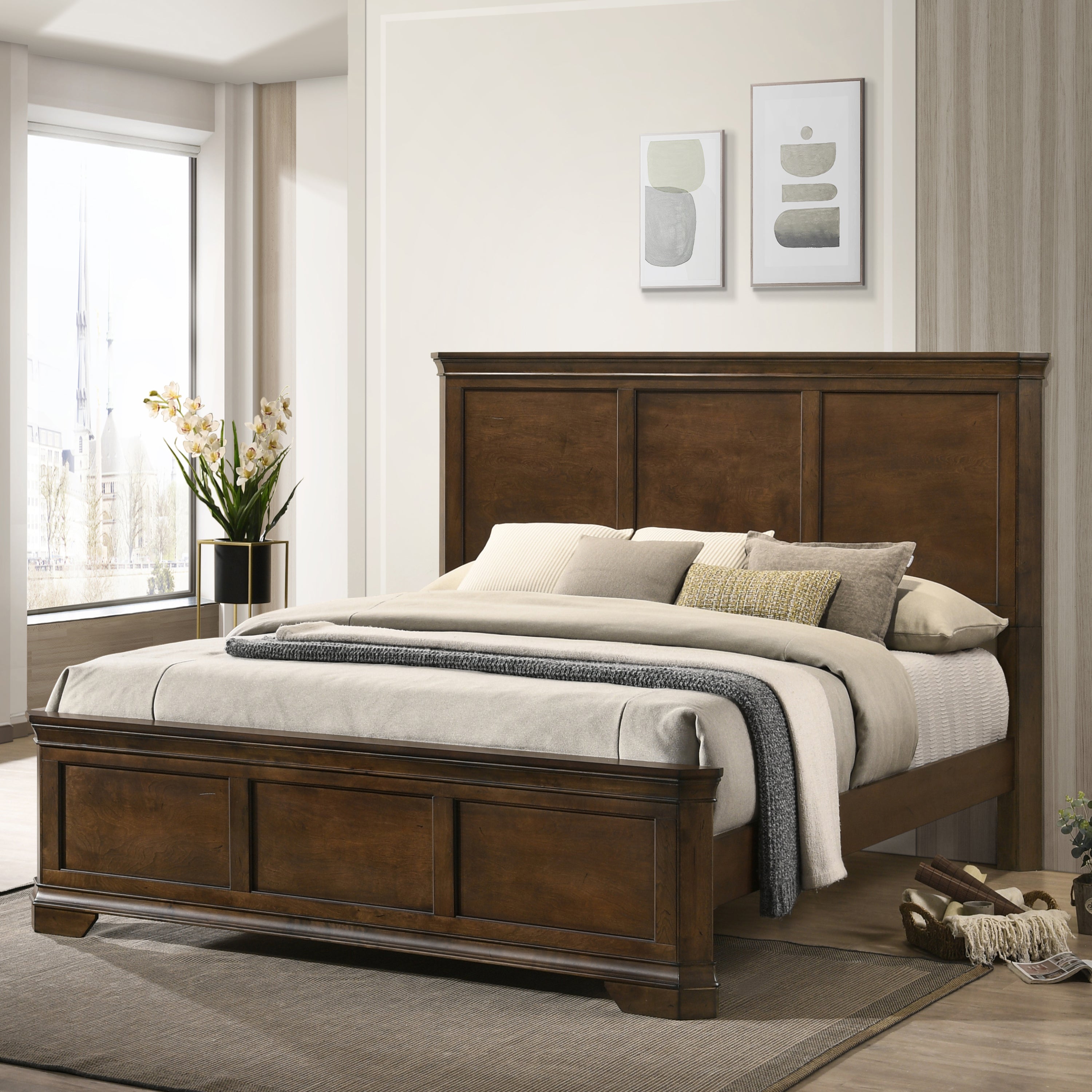 Maderne Traditional Wood Panel 5 pieces Queen Bed set with Dresser, Mirror, Nightstand and Chest