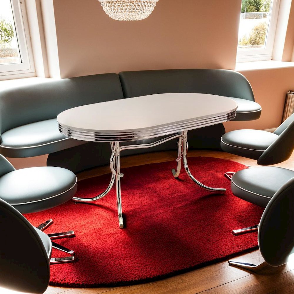 Sleek Silver Oval Dining Table with Glossy White Top and Chrome Accents