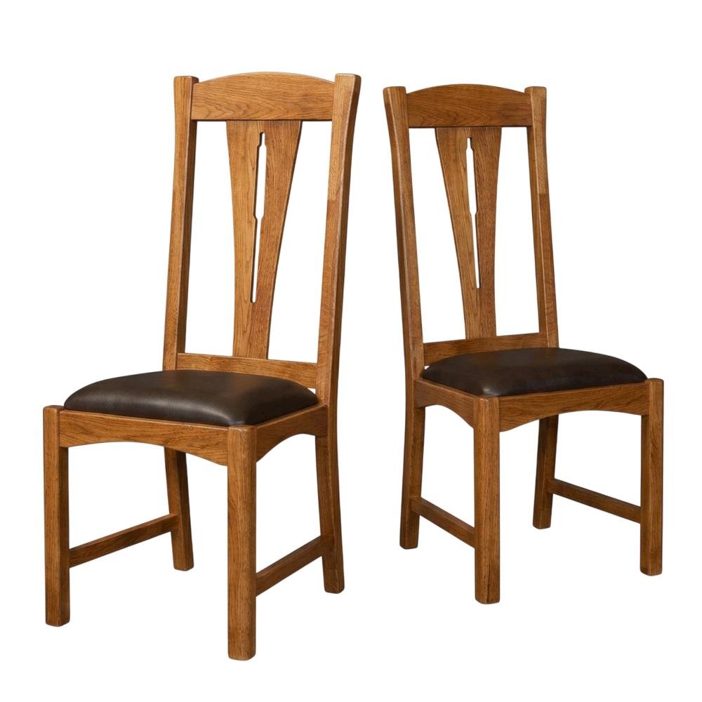 Set of 2 distressed amber wood side chairs with top grain leather seats