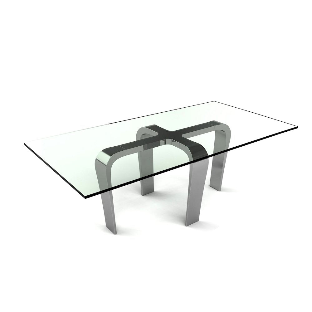 Designer Louis Lara's Cirrus table has polished base connector with brushed stainless steel and 15mm Tempered glass Top Smoke