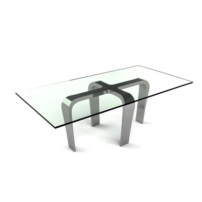 Designer Louis Lara's Cirrus table has polished base connector with brushed stainless steel and 15mm Tempered glass Top Smoke