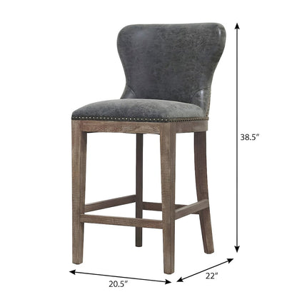 PU-Upholstered Counter Stool with Wing Back, Nailhead Trim and Solid Beech Legs