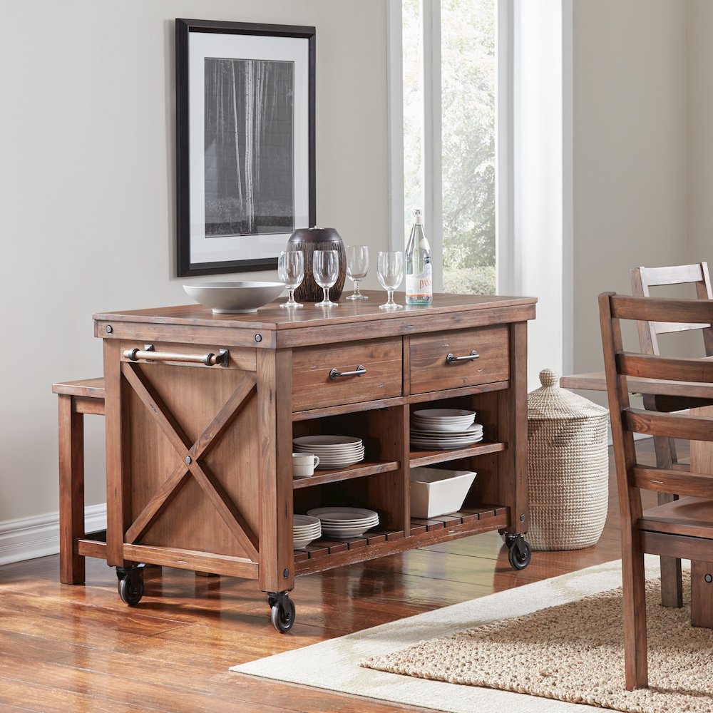Rustic Mahogany Kitchen Island with Locking Casters, Belen Kox