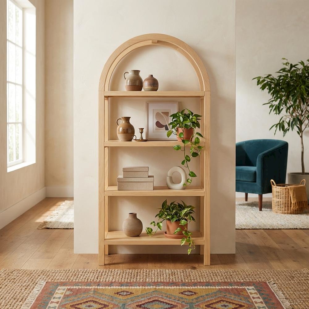 60-Inch Arched Bookshelf in Warm Oak Finish with Multiple Shelves