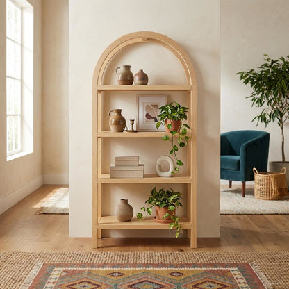 60-Inch Arched Bookshelf in Warm Oak Finish with Multiple Shelves