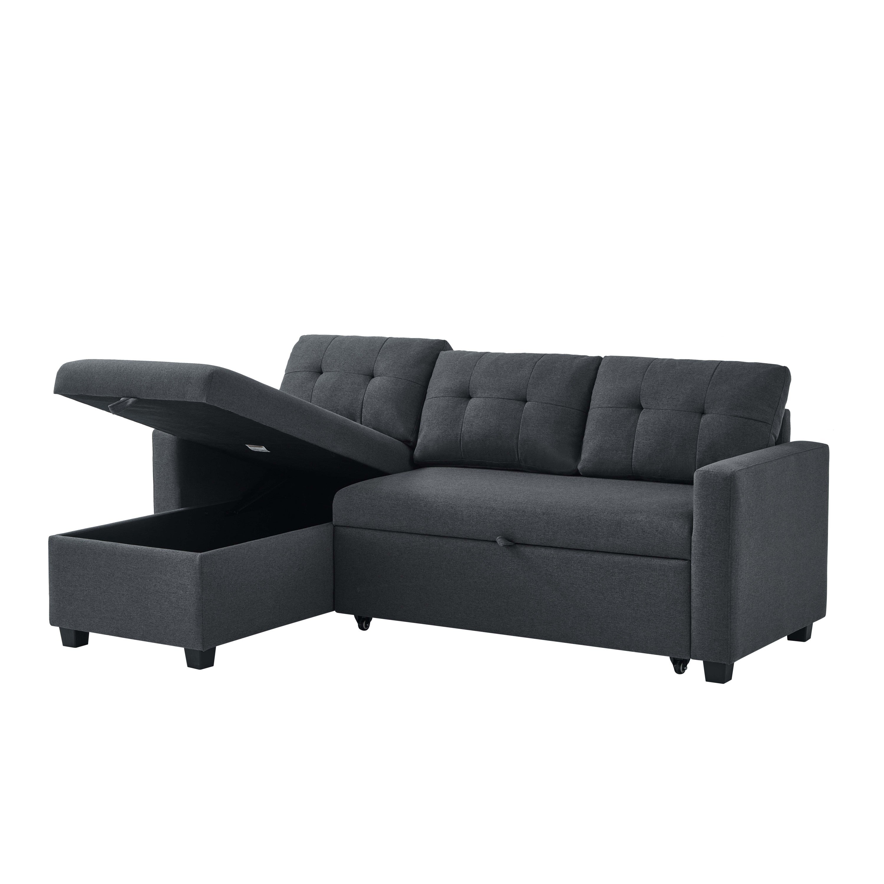 Upholstered Pull Out Sectional Sofa with Storage Chaise, Convertible Corner Couch, Dark Grey