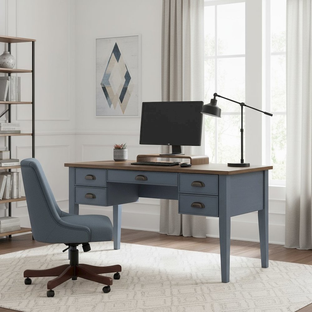 Farmhouse Half Pedestal Executive Desk, 4 Drawers, Power Center, Blue
