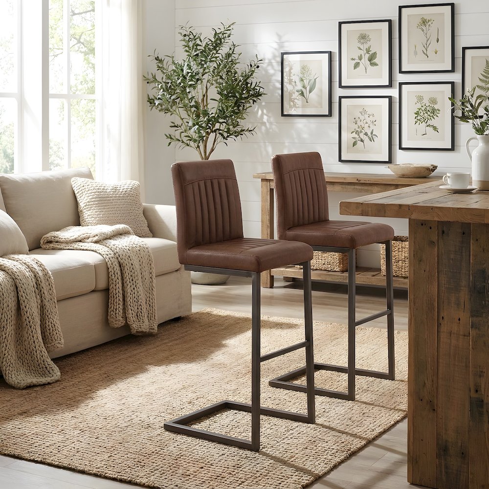 PU-Upholstered Bar Stools with Channel-Tufted Seat, Cigar Brown, Set of 2