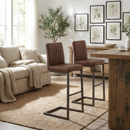 PU-Upholstered Bar Stools with Channel-Tufted Seat, Cigar Brown, Set of 2