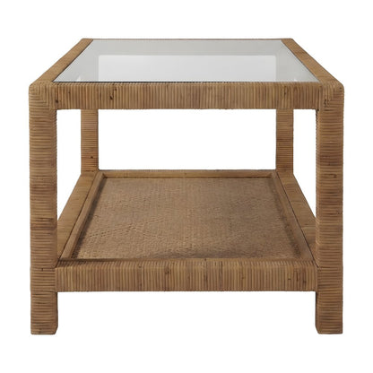 Split Rattan Cocktail Table with Glass Top and Open Wicker Shelf