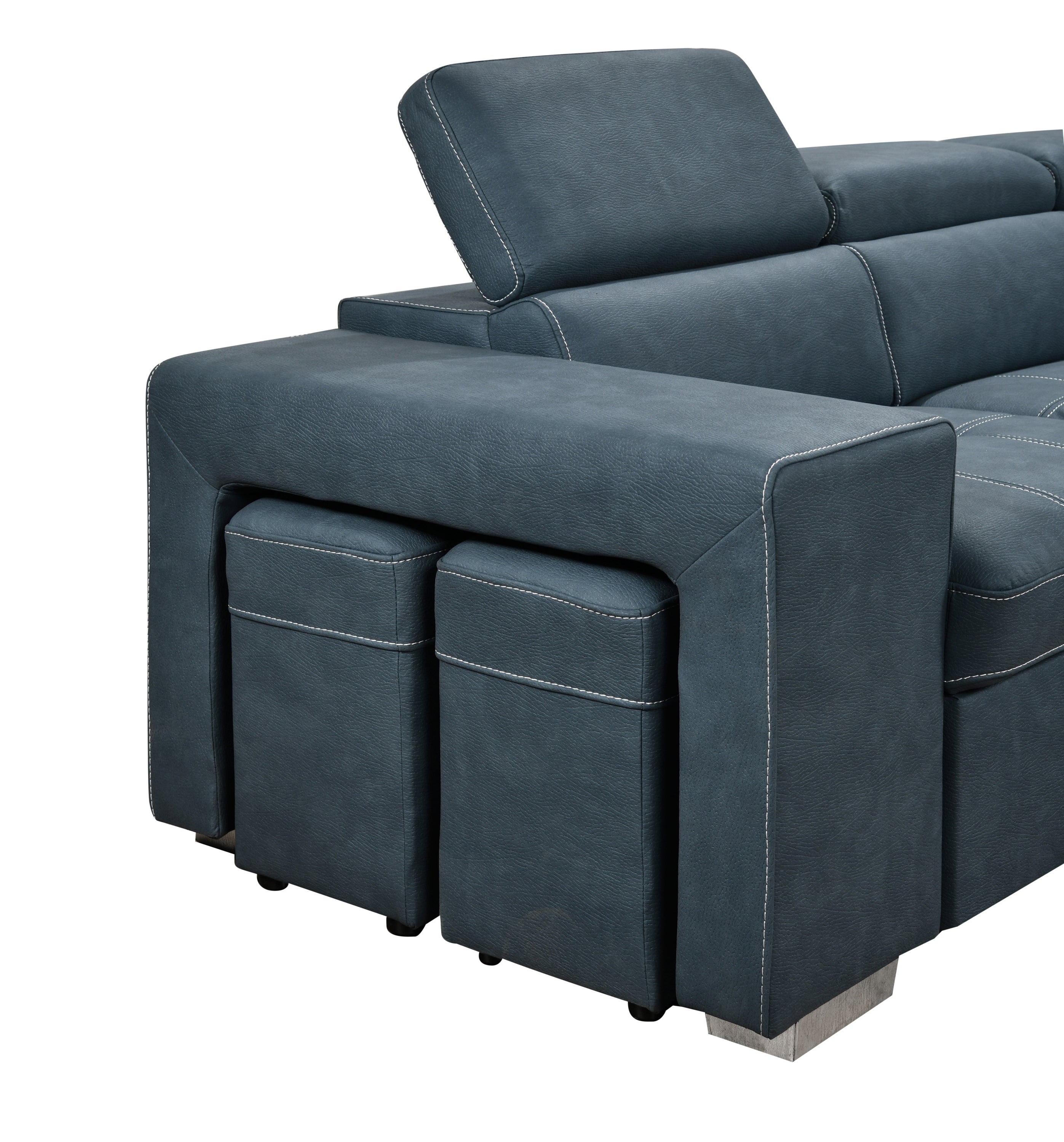 105" Sectional Sofa with Adjustable Headrest ,Sleeper Sectional Pull Out Couch Bed with Storage Ottoman and 2 Stools,Blue