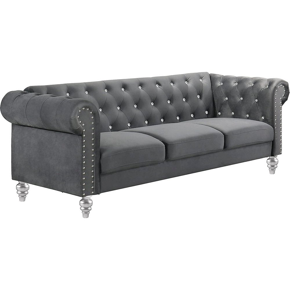 Velvet Fabric Sofa with Rolled Arms in Gray, Elegant Living Room Seating