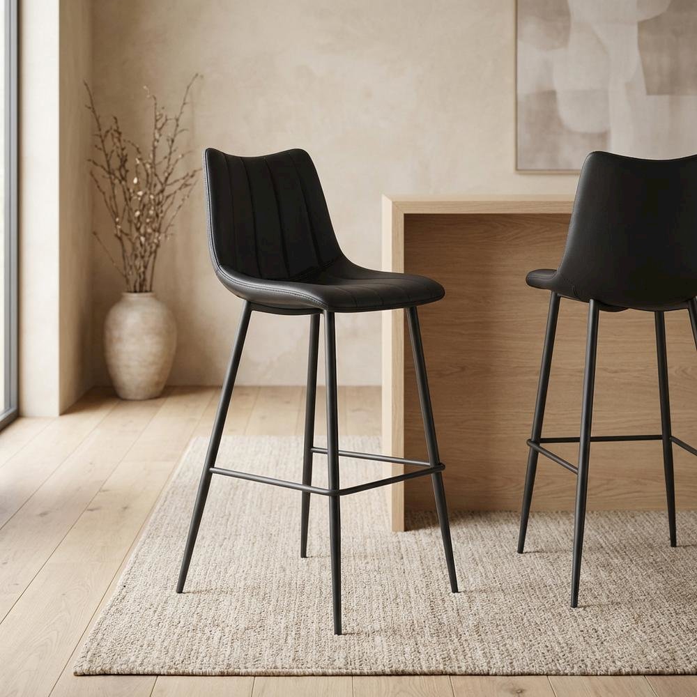 Upholstered Counter Stools Set of 2, Contemporary Bar Stools with Footrest,Black