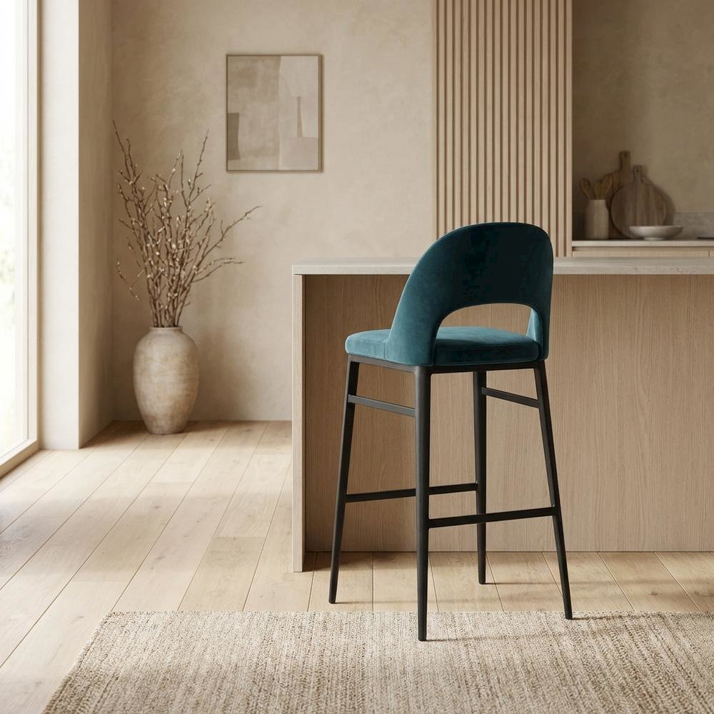 Upholstered Bar Stool with Back and Footrest, Art Deco Counter Height Chair,Blue