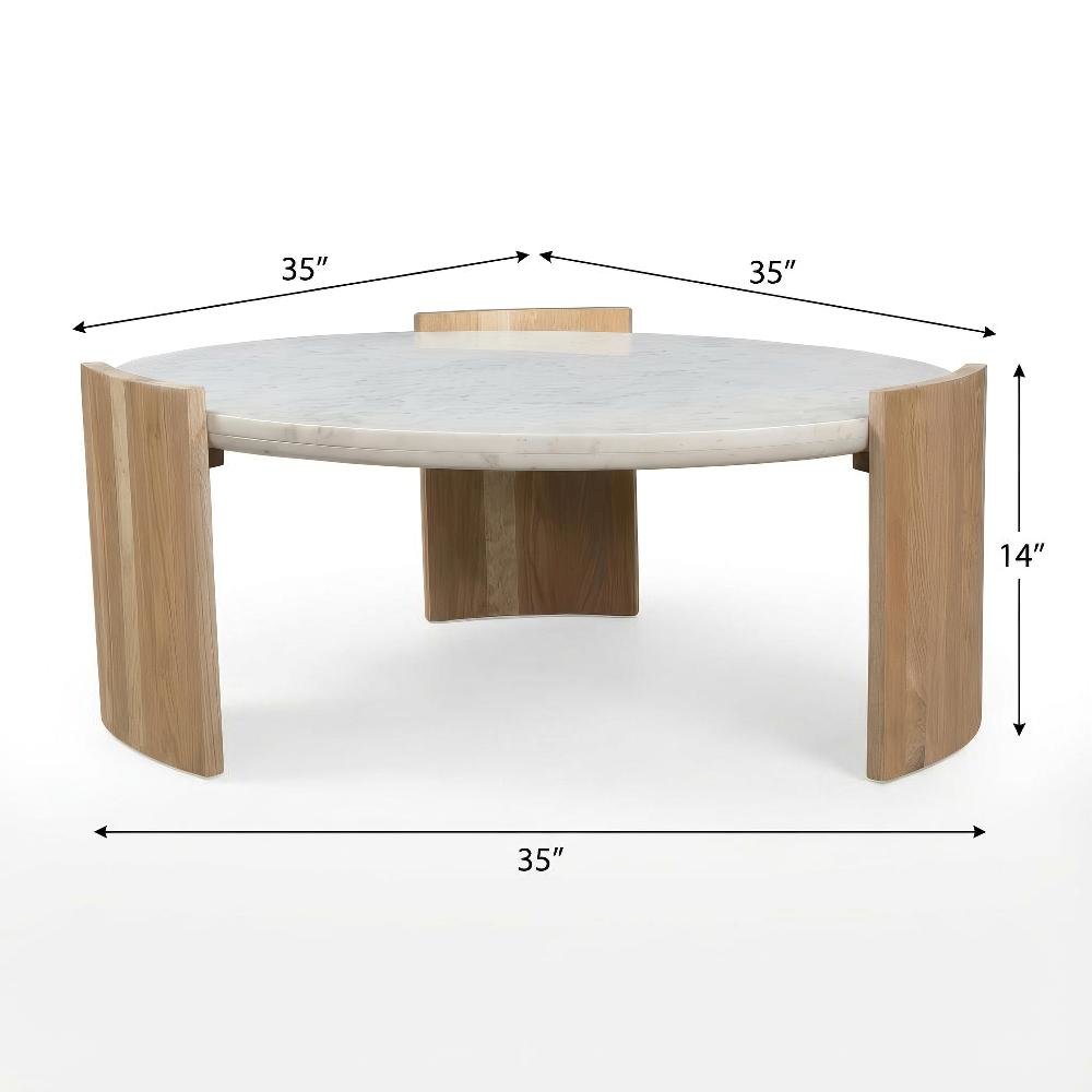 White Marble Coffee Table with Solid Oak Legs and Art Deco Style