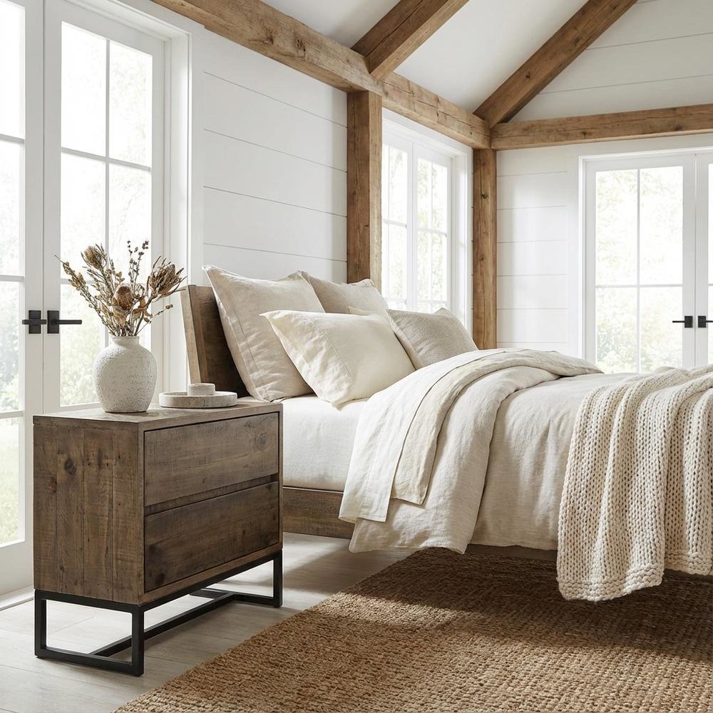 Light Brown Rustic Nightstand with 2 Drawers Solid Pine Wood Matt Finish