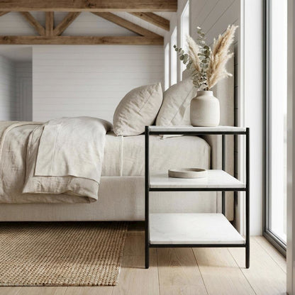 White Marble Modern Nightstand with Metal Frame and Semi-Gloss Finish
