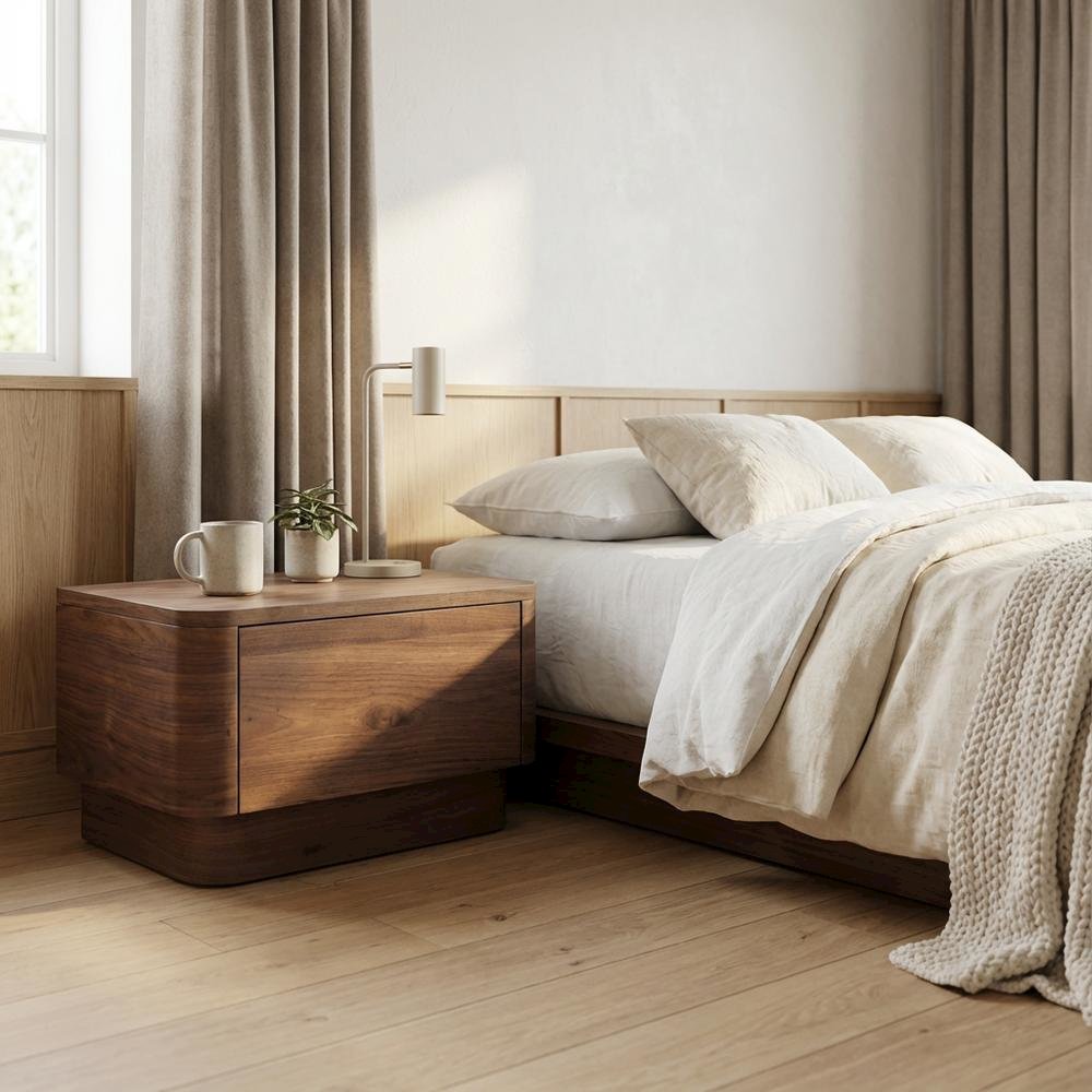 Walnut Brown Small Nightstand with Soft Close Drawer and Wood Frame Storage