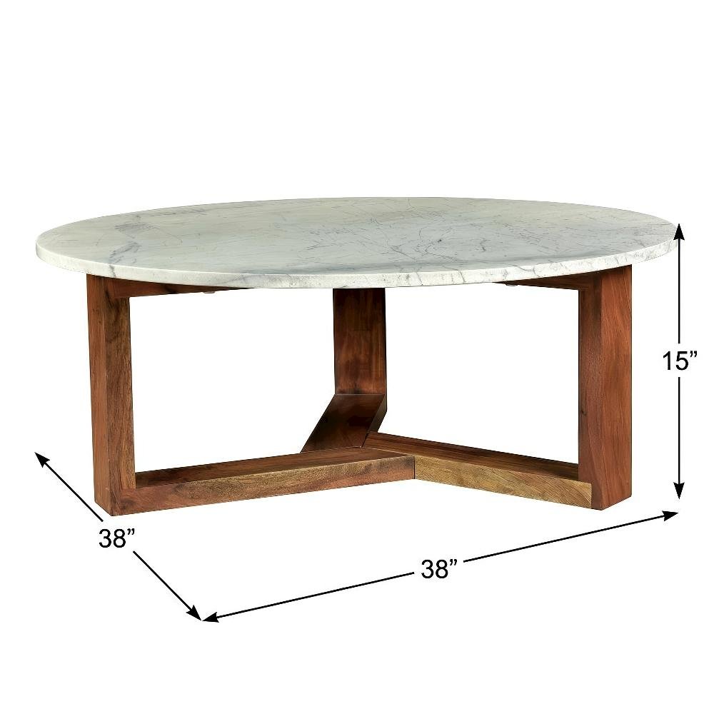 White Satwaria Marble Coffee Table with Solid Acacia Base Scandinavian Style