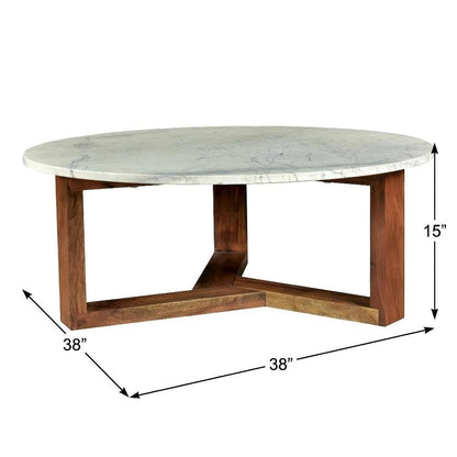 White Satwaria Marble Coffee Table with Solid Acacia Base Scandinavian Style