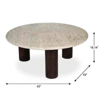 Beige Travertine Stone Coffee Table with Mango Wood Frame and Matte Finish
