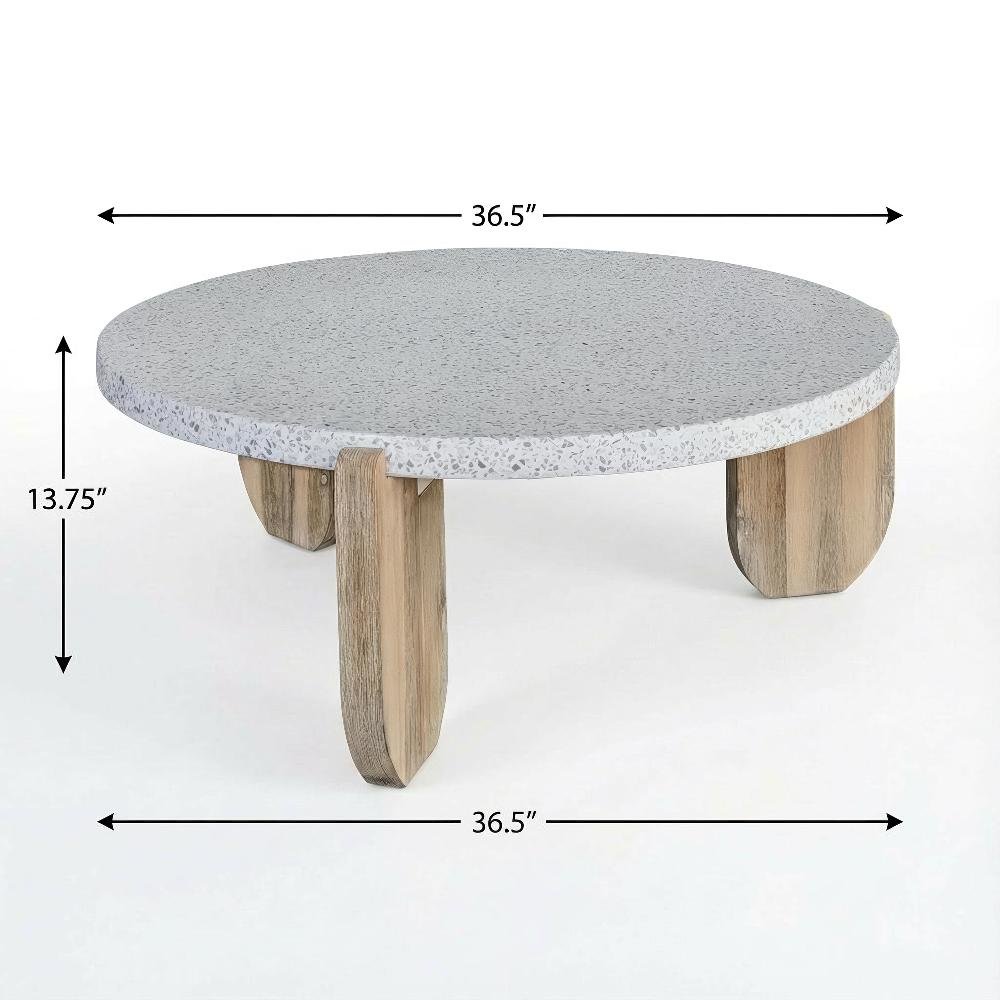 White Terrazzo Coffee Table with Cement Mixed Stone Top and Stain Resistance