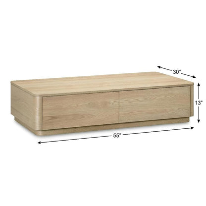 Brown Oak Veneer Coffee Table with Four Drawers and Rubber Wood Base
