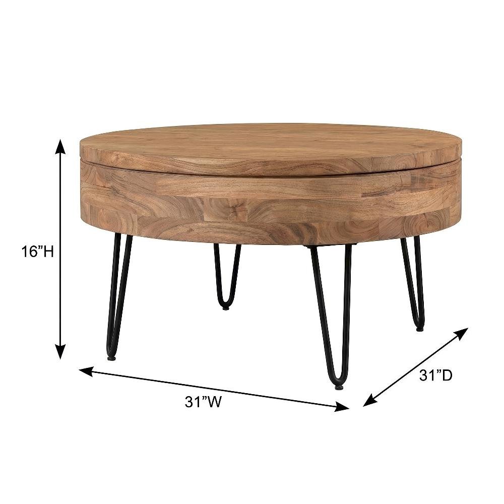 Brown Solid Acacia Coffee Table with Lift-Top Storage and Iron Legs